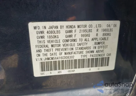 2006 Honda Accord 2.4 Lx из США, поврежденный, VIN JHMCM56416C008302